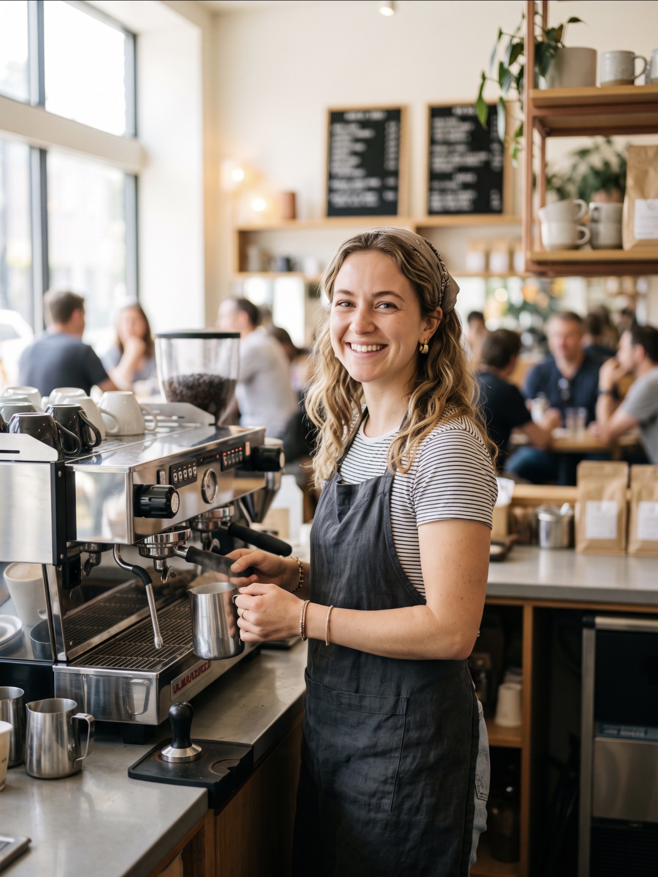 Smiling barista making coffee behind the espresso machine