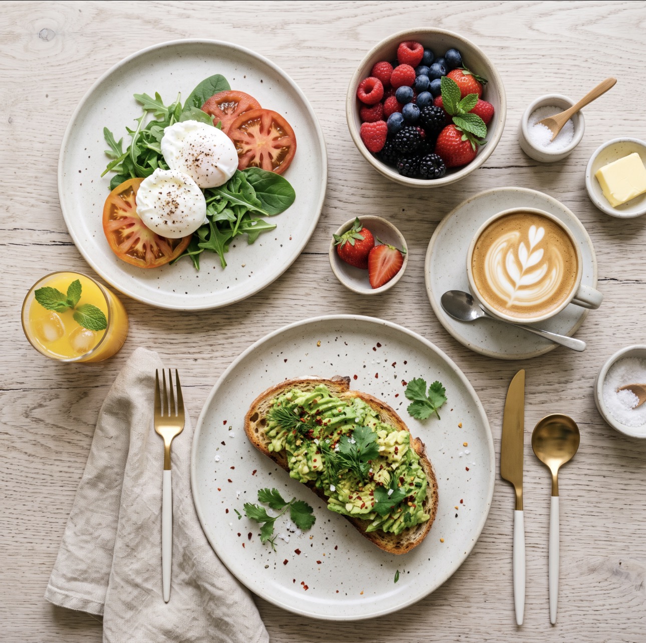 Overhead brunch spread with avocado toast, poached eggs and coffee