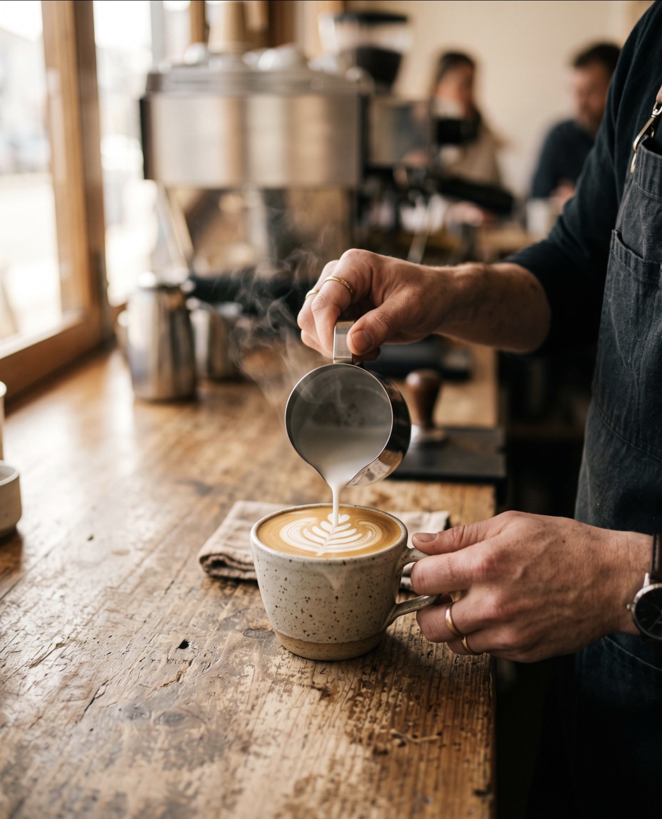 Barista pouring latte art into a speckled ceramic cup