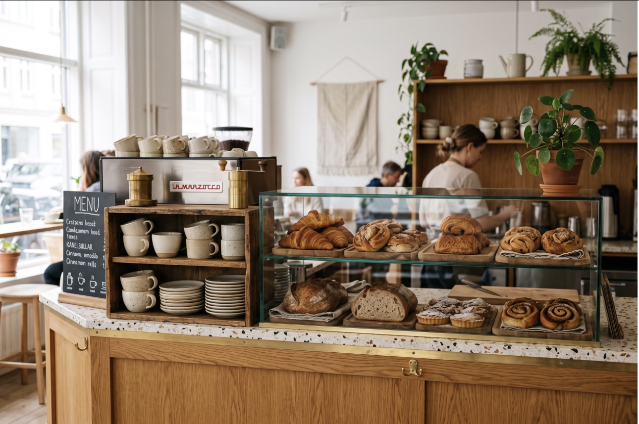 Café counter with fresh pastries under glass and stacked ceramic cups
