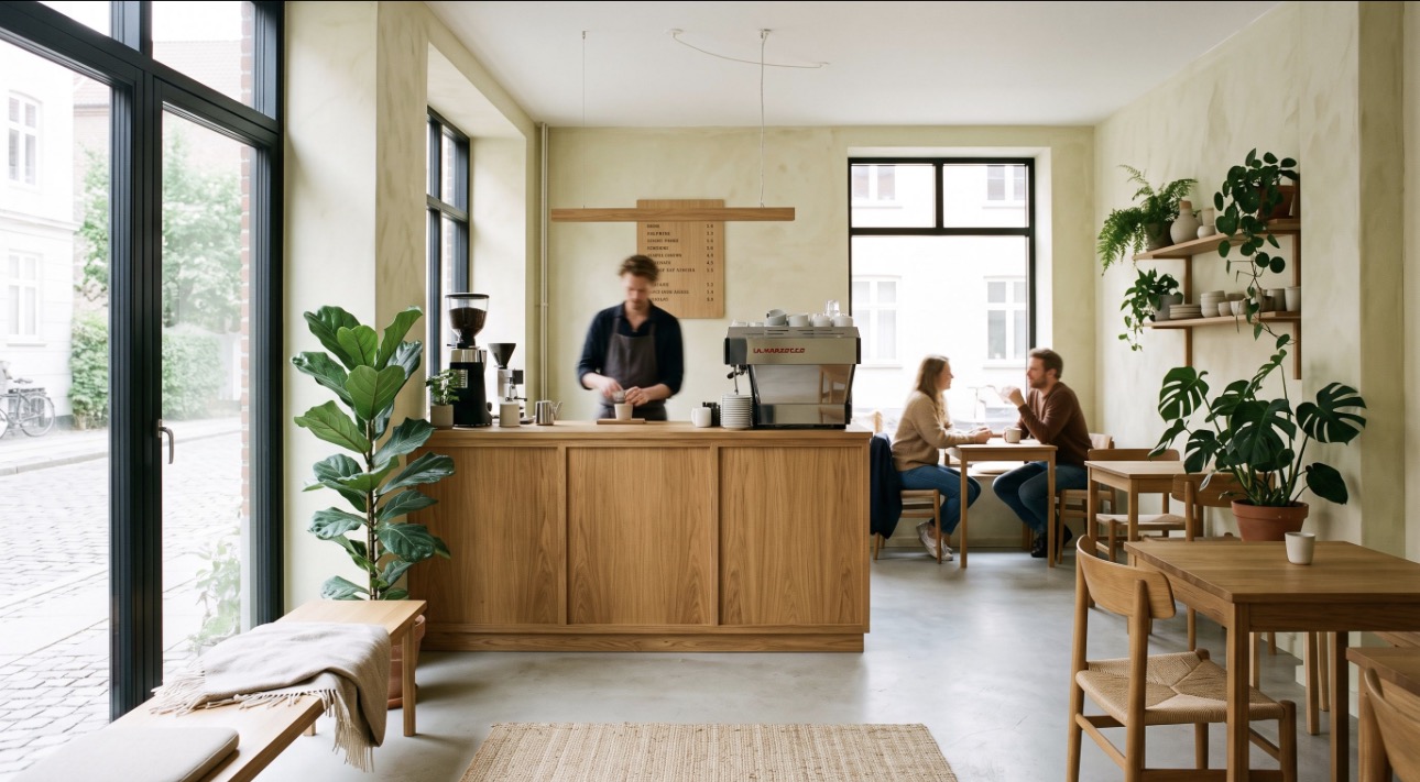 Bright Scandinavian café interior at MØRK with wood counter and morning light