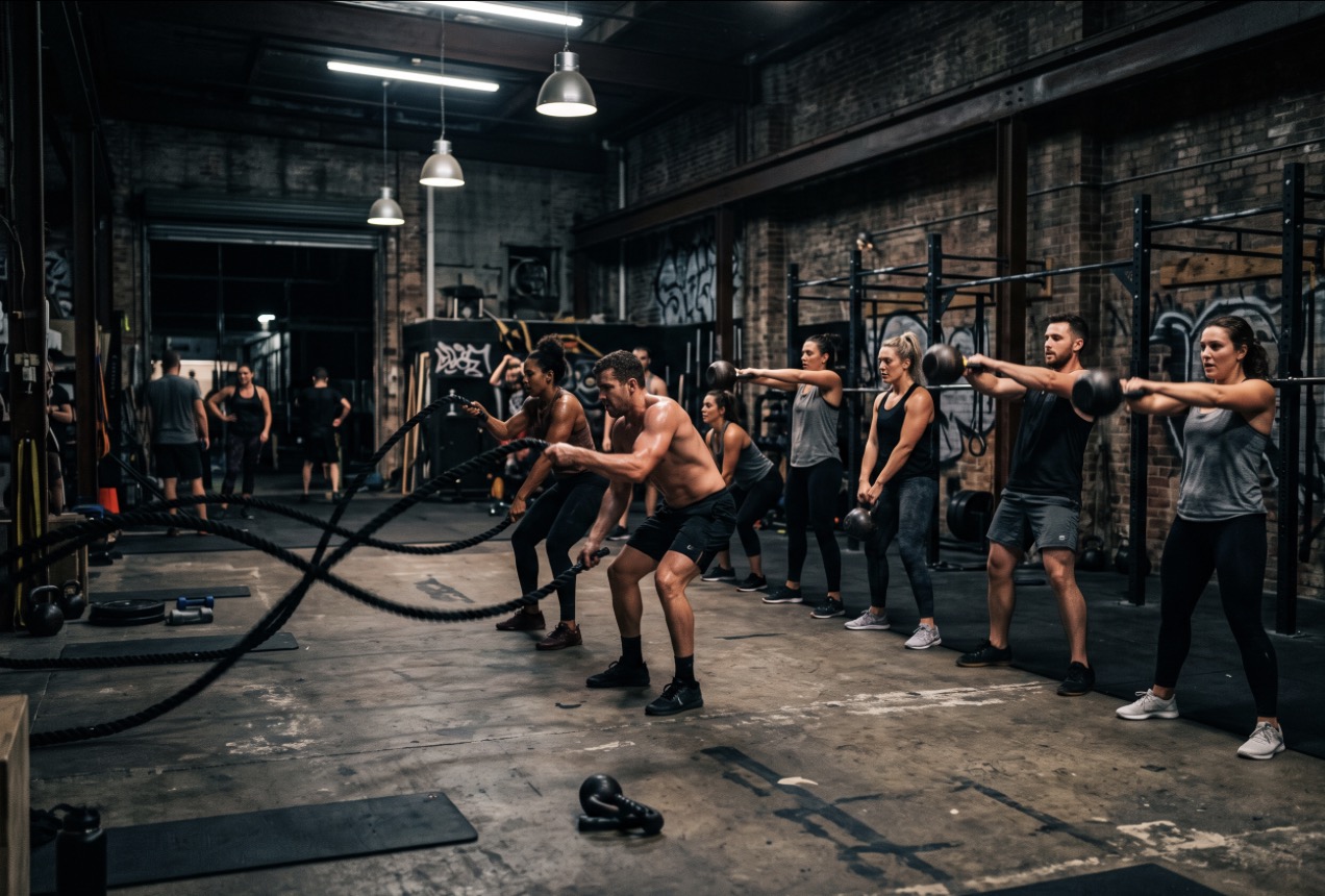 Group conditioning class with battle ropes and kettlebells