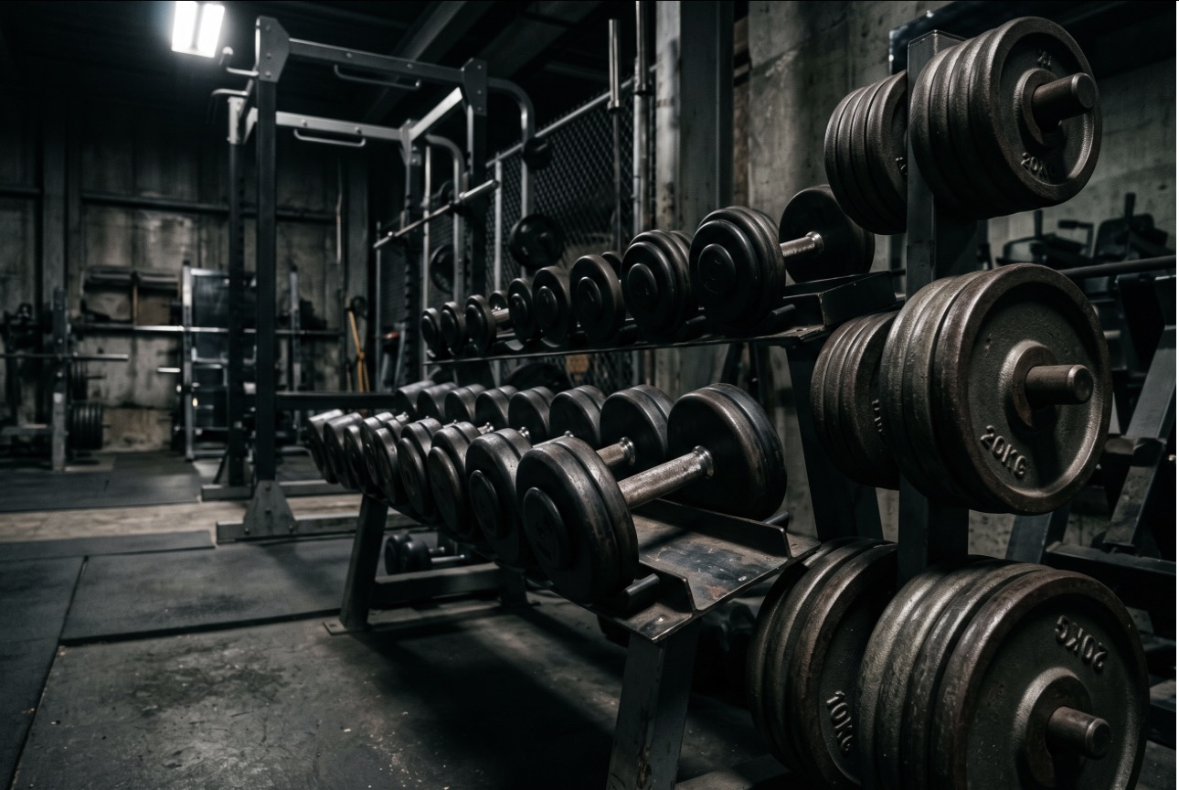 Rack of dumbbells and weight plates in a dark gym