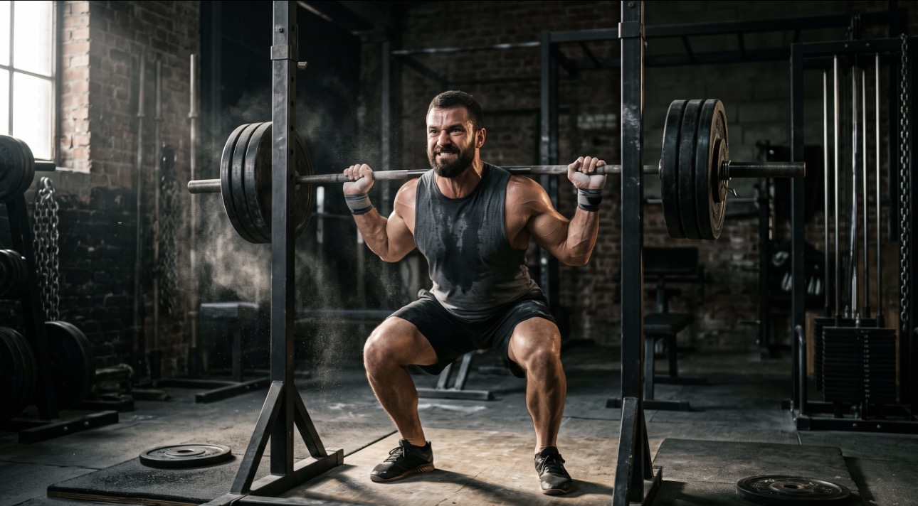 Athlete squatting a loaded barbell in a gritty industrial gym