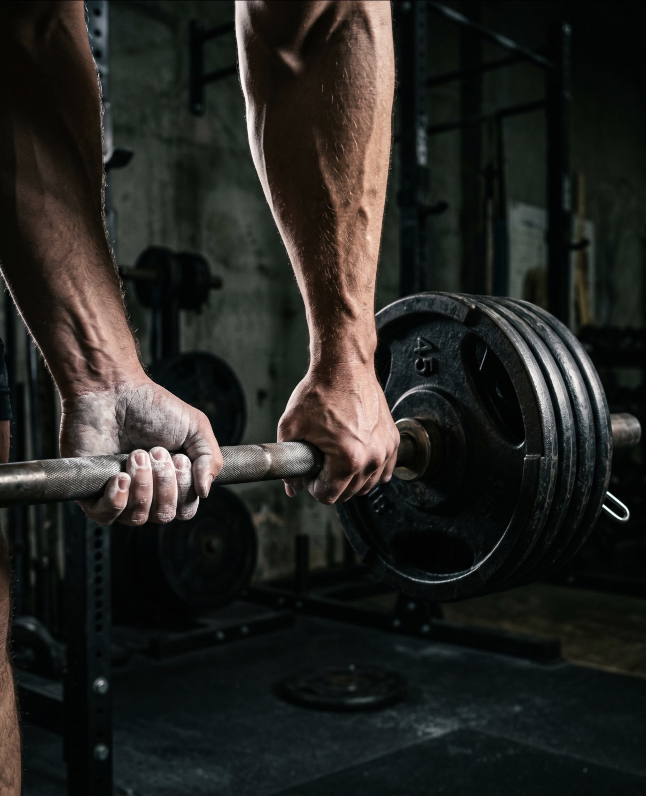 Chalked hands gripping a loaded barbell