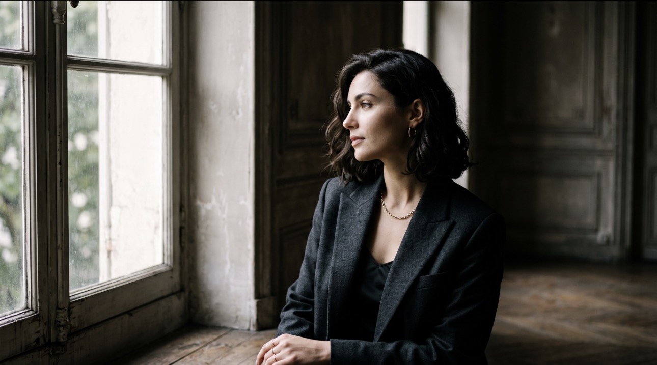 A woman in a dark blazer sitting by a large window in soft natural light, photographed by KOMLA