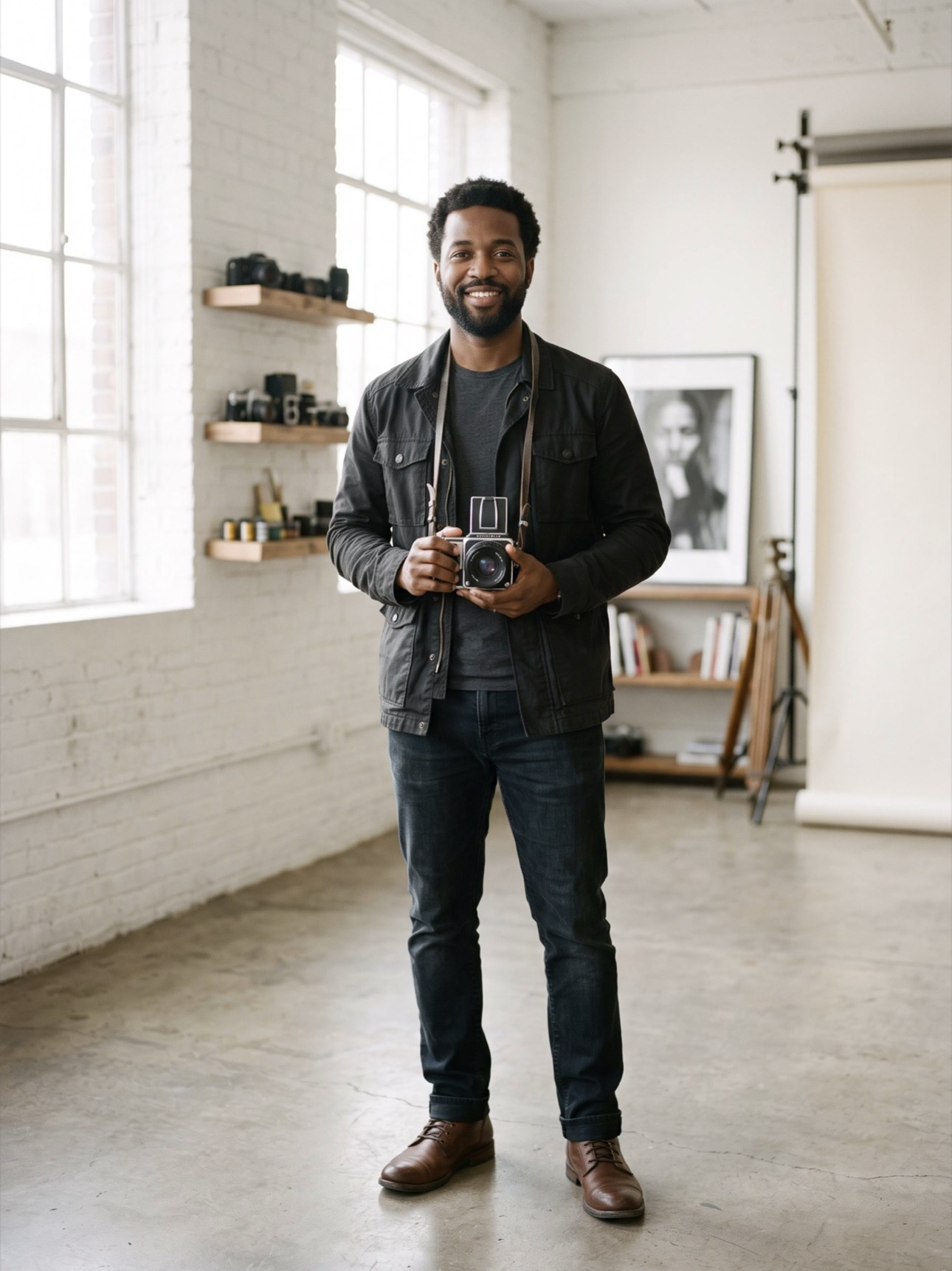 Portrait of KOMLA, a photographer holding a medium-format camera in a bright studio