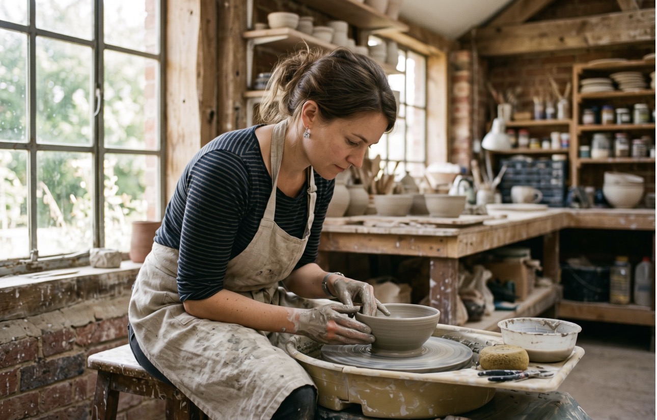 A ceramicist shaping a bowl on a pottery wheel in a sunlit workshop