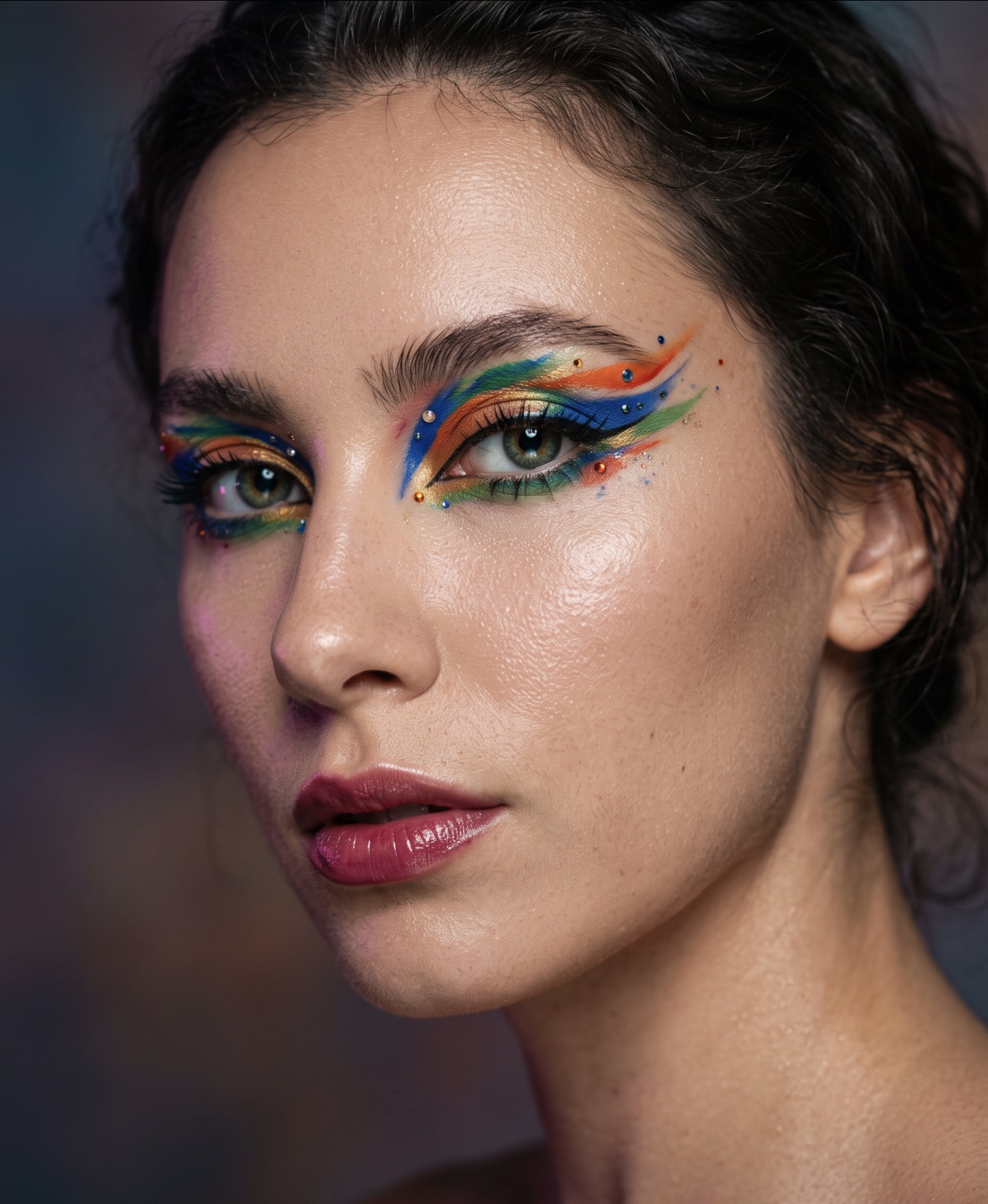 Beauty close-up with colourful artistic eye makeup