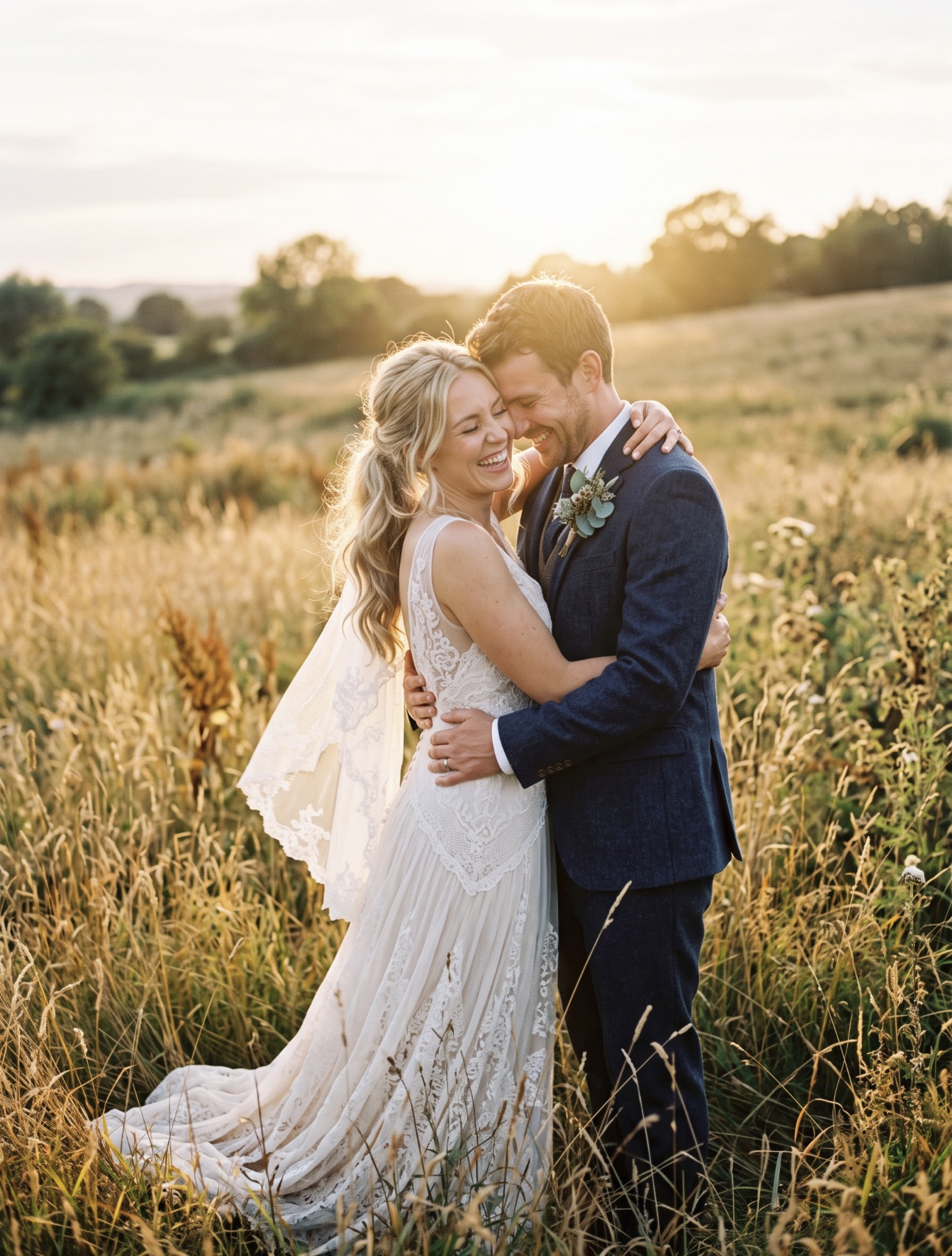 A bride and groom embracing and laughing in a golden field at sunset