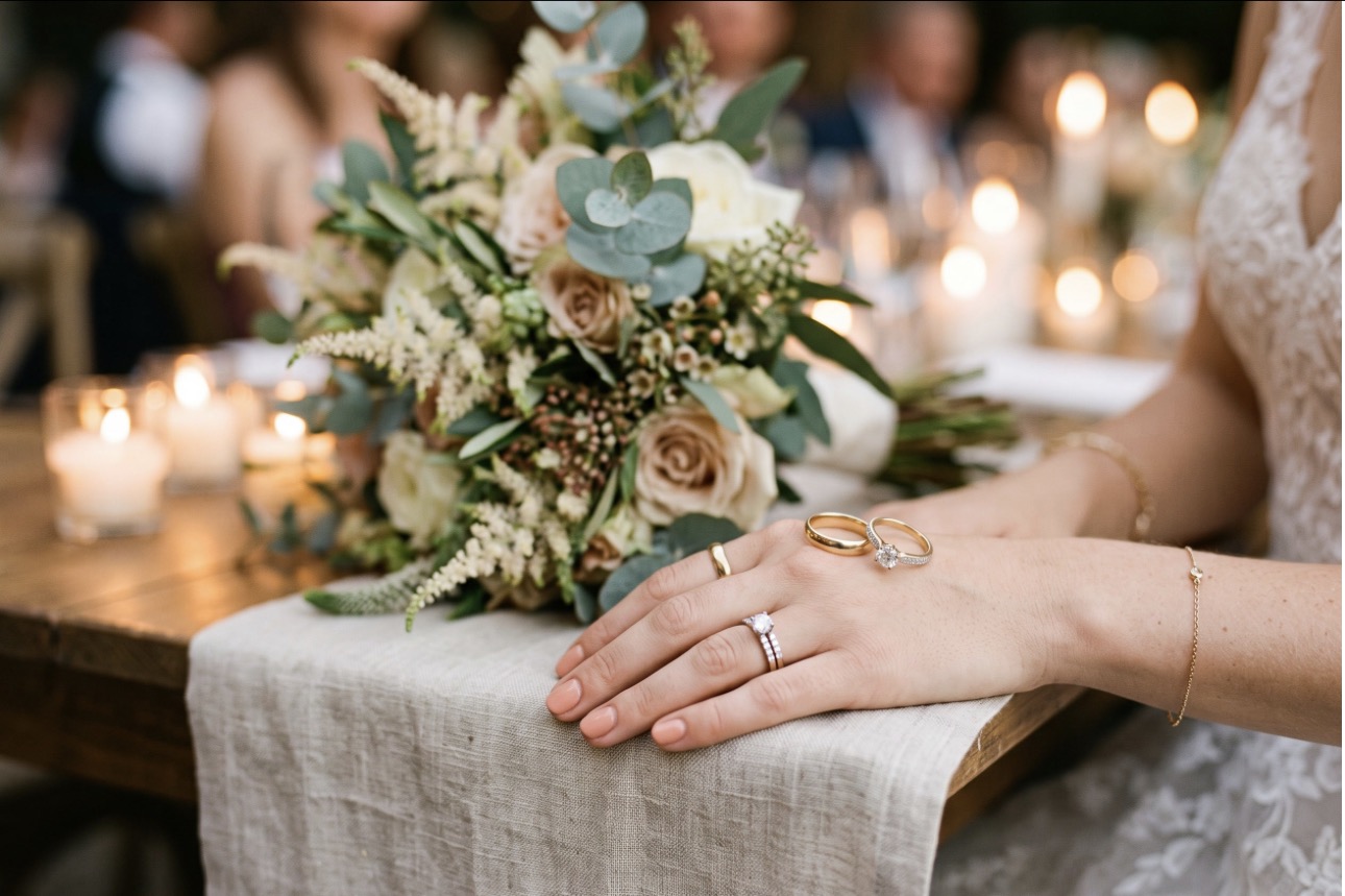 Close-up of wedding rings on a hand beside a bouquet and candlelight