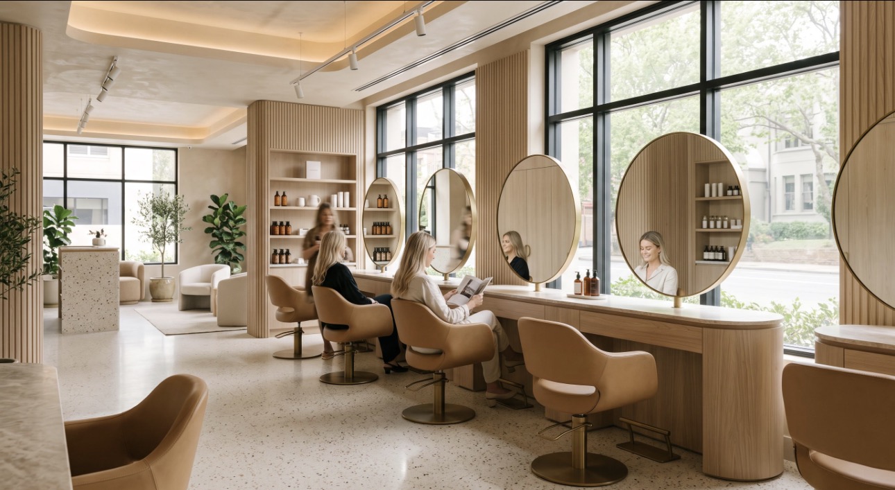 Warm, elegant interior of Studio Nové hair salon with round mirrors and wood
