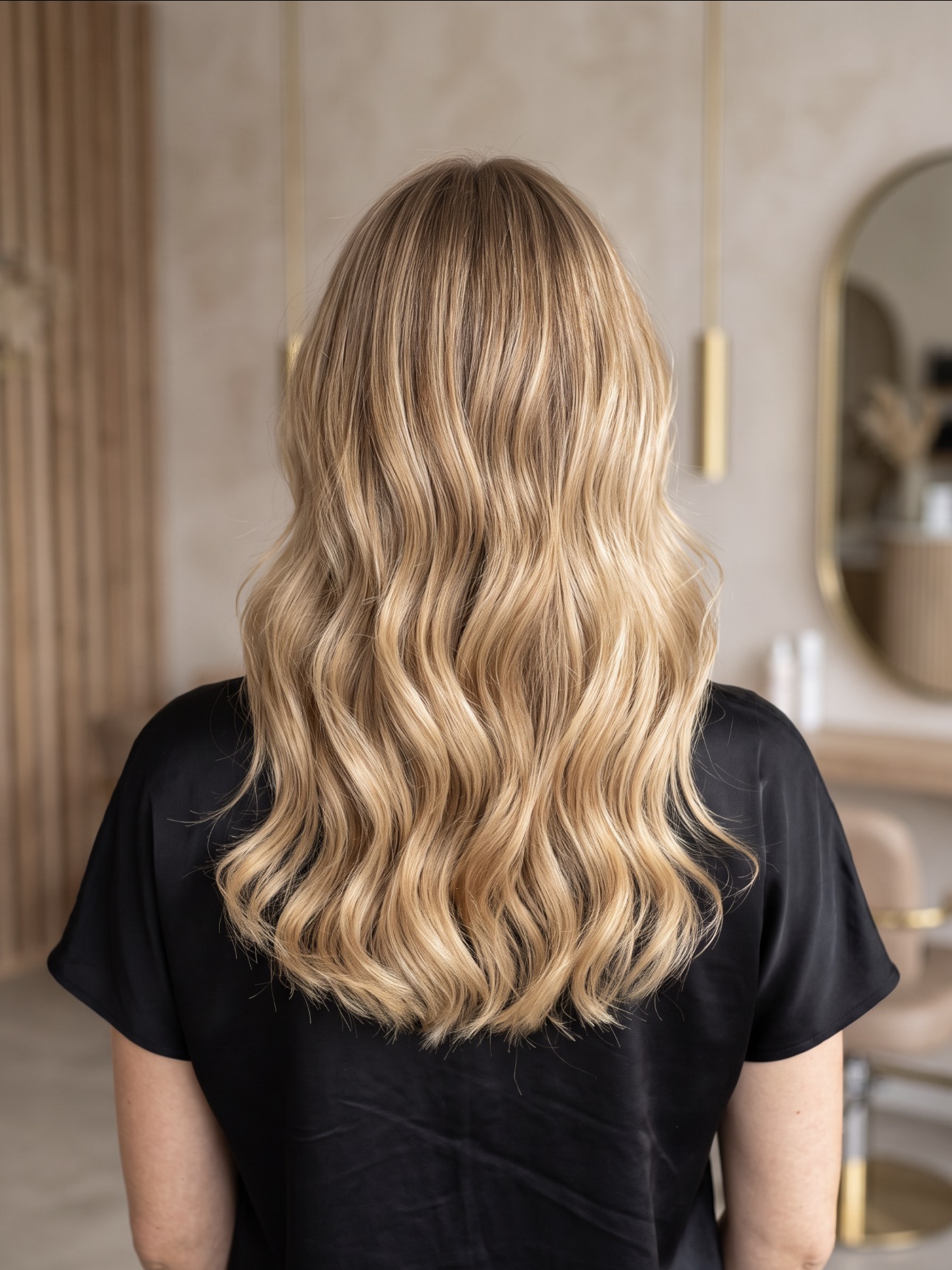Warm blonde balayage with soft waves, back view