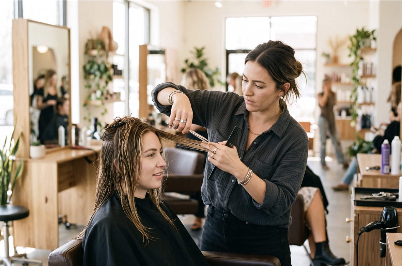 Stylist cutting a client's hair in the salon